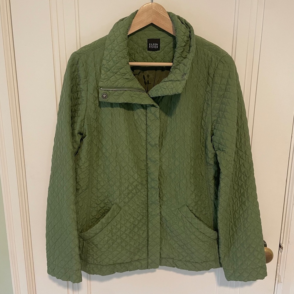 Eileen Fisher Quilted Silk Jacket Small Green